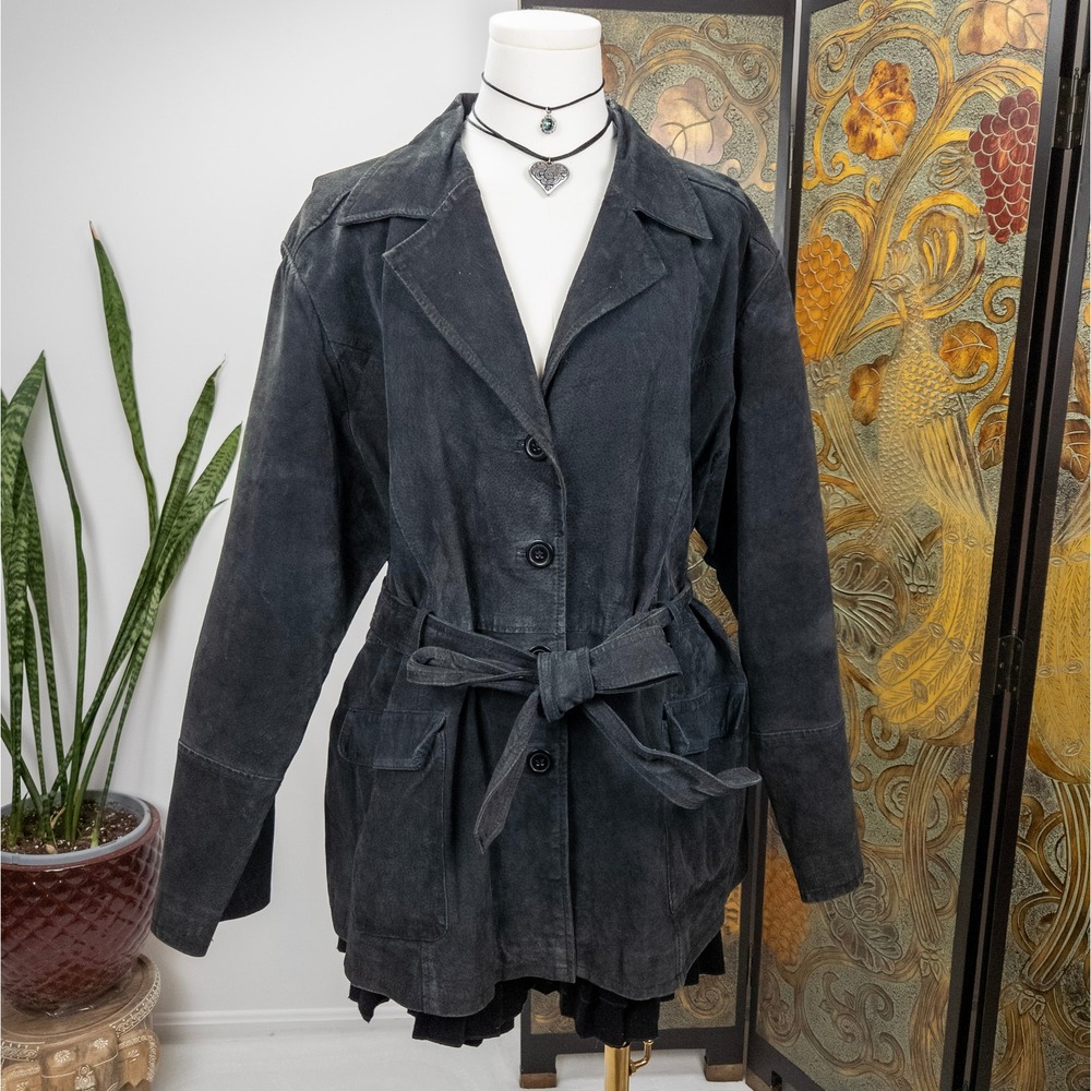Leather‎ Belted Jacket - Black Vintage Y2K Oversized Paris Blues 3X Grunge Women